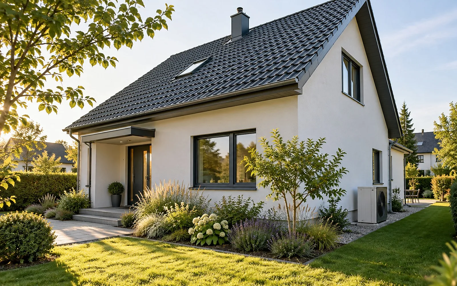 Saniertes Einfamilienhaus mit neuen Fenstern, gedämmter Fassade und Wärmepumpe im Garten