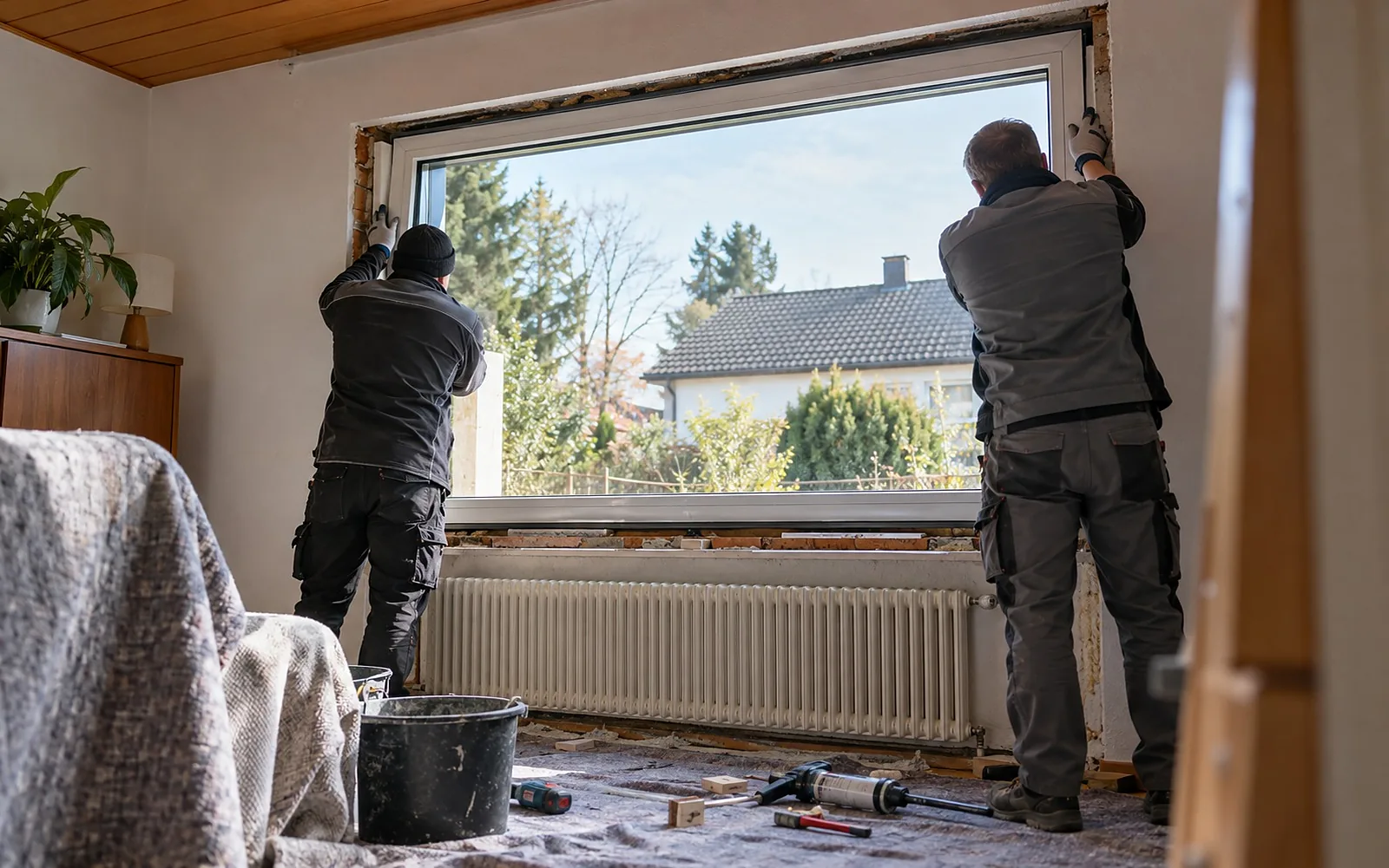 Zwei Handwerker setzen ein neues Fenster in einem Wohnzimmer ein