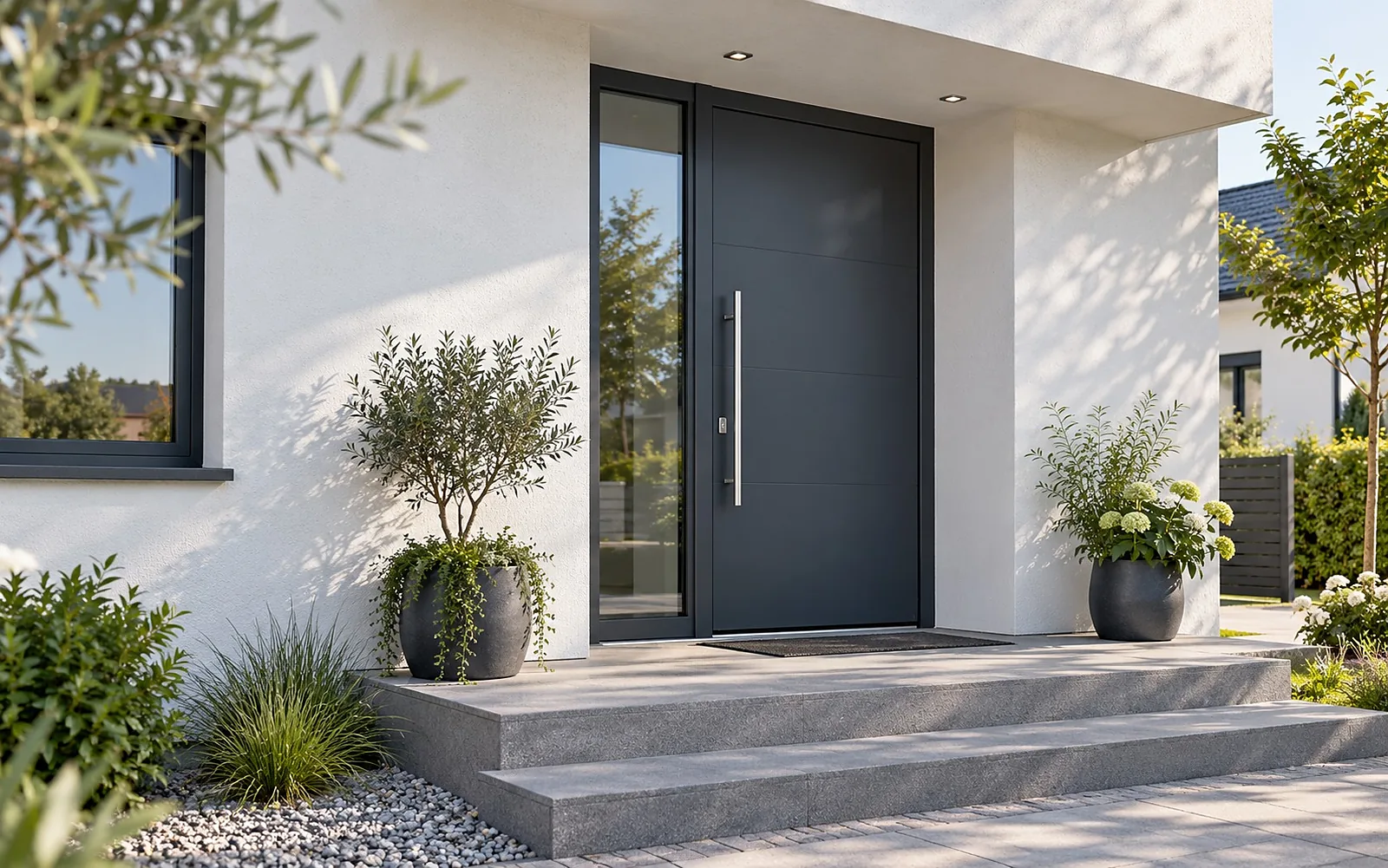 Neue anthrazitfarbene Haustür mit Glaselement an einem hell verputzten Haus