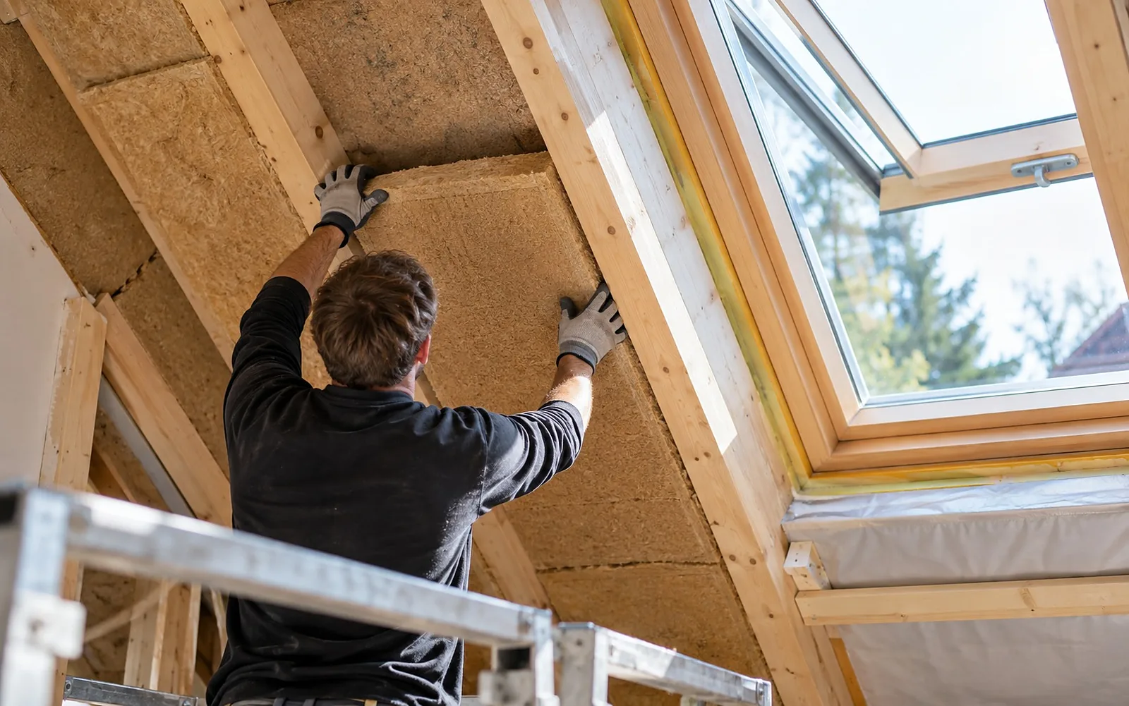 Handwerker setzt Holzfaserdämmung zwischen die Dachsparren