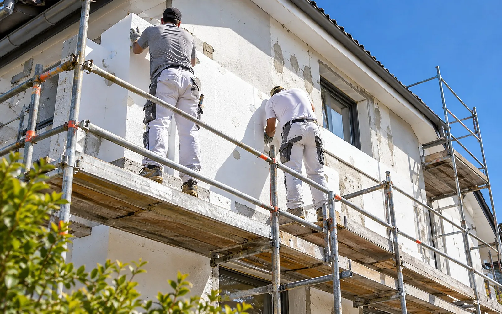 Handwerker auf dem Gerüst kleben Dämmplatten an eine Hauswand