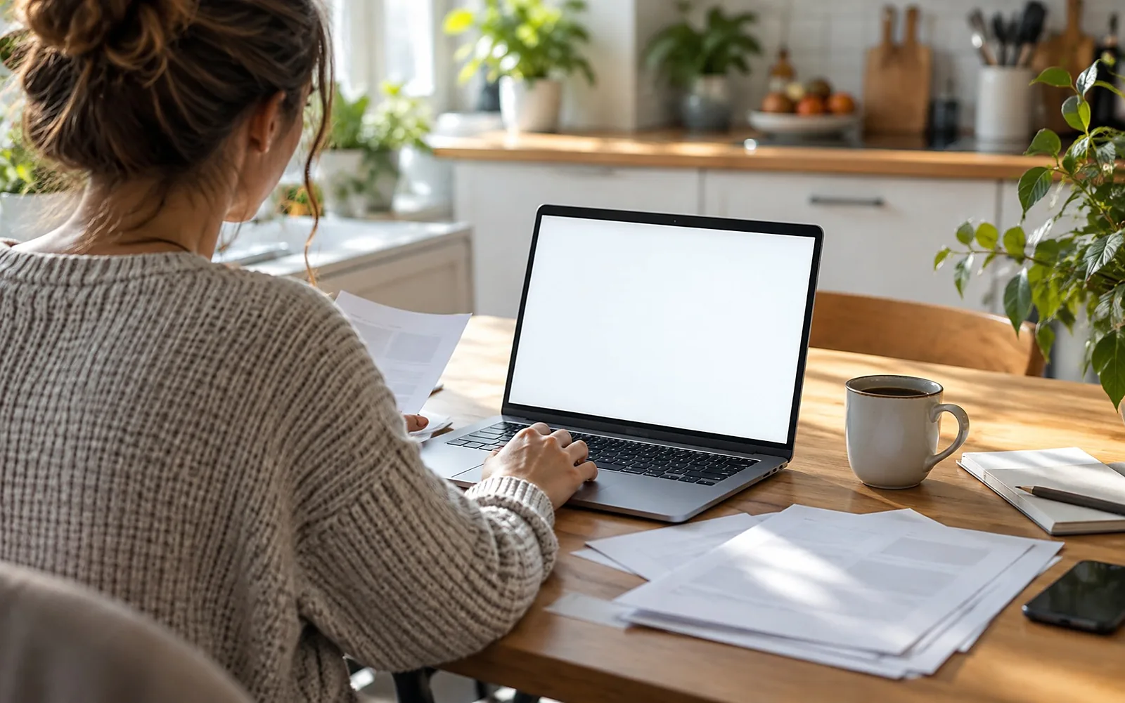 Person am Küchentisch mit Laptop und Unterlagen