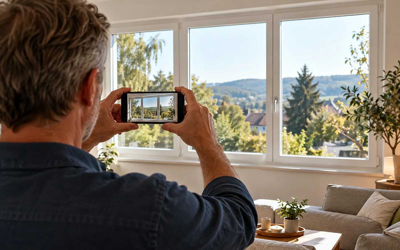 Mann fotografiert neue Fenster im Wohnzimmer mit dem Smartphone