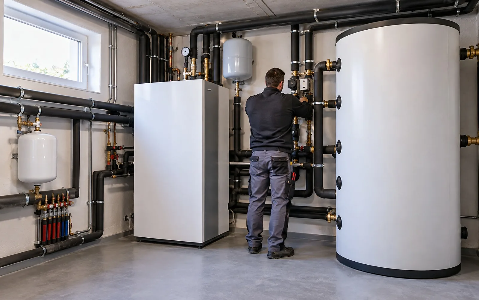 Installateur im Heizungsraum mit Wärmepumpe und Speicher