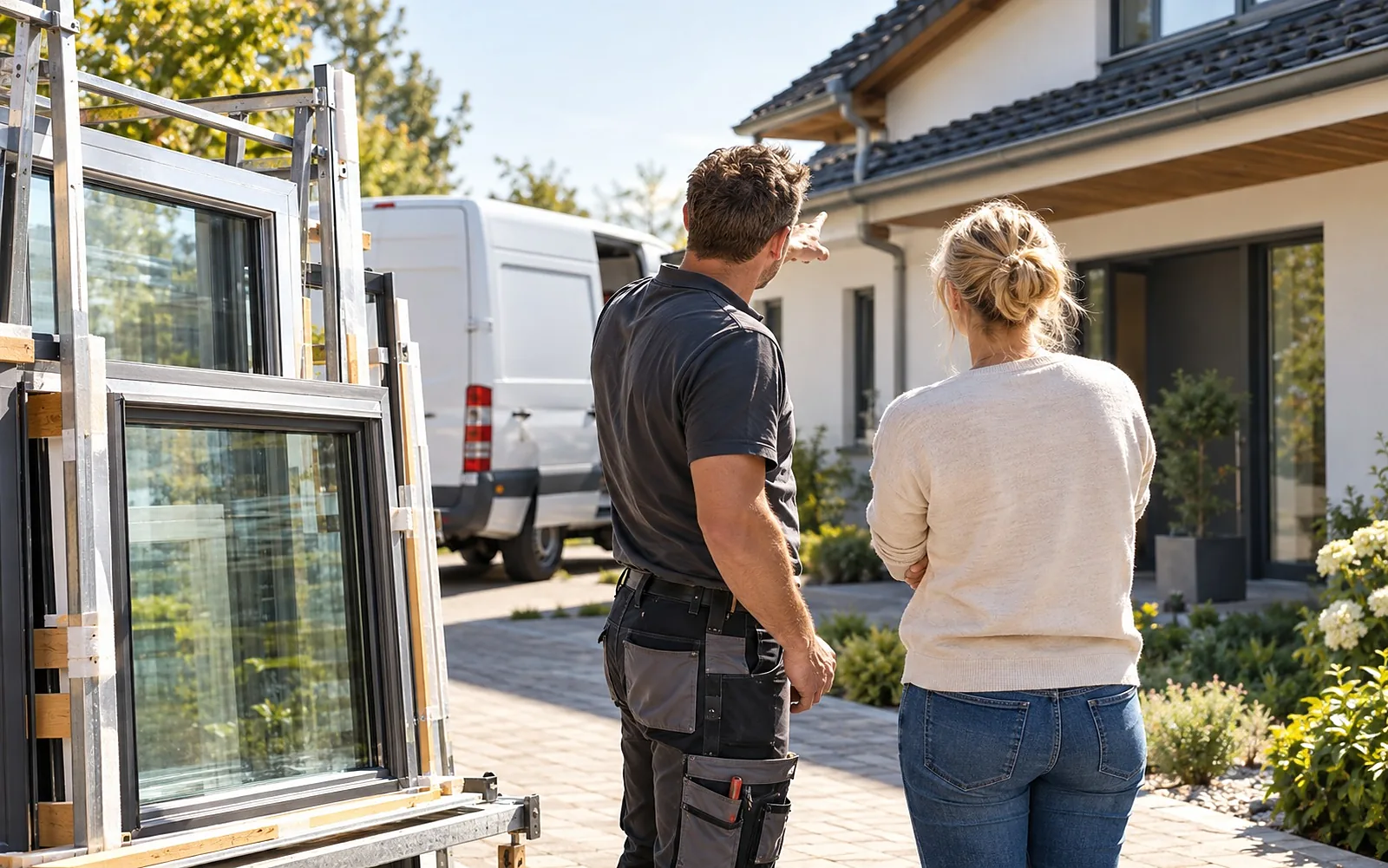 Handwerker und Hauseigentümerin vor einem Haus, daneben neue Fensterelemente