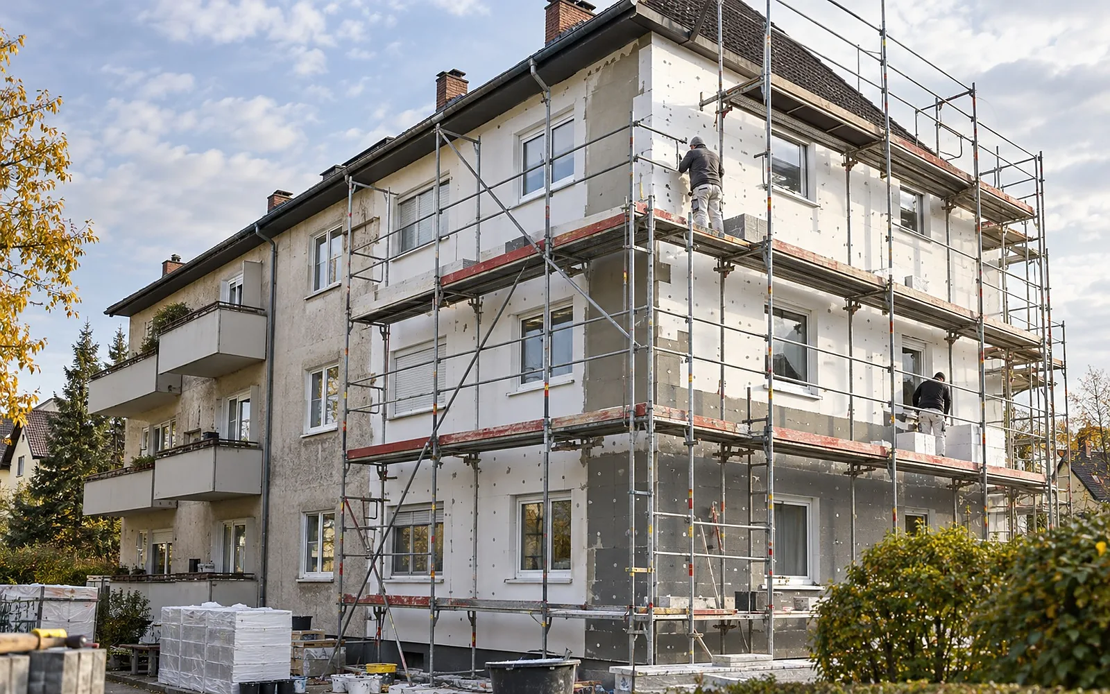 Mehrfamilienhaus der 1960er Jahre mit Gerüst während der Sanierung