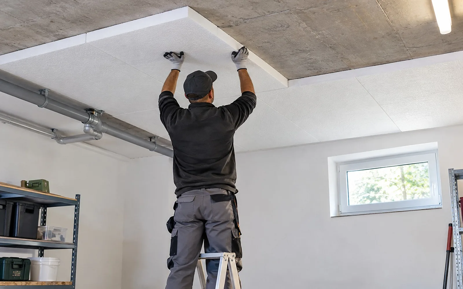 Handwerker klebt Dämmplatten unter eine Kellerdecke