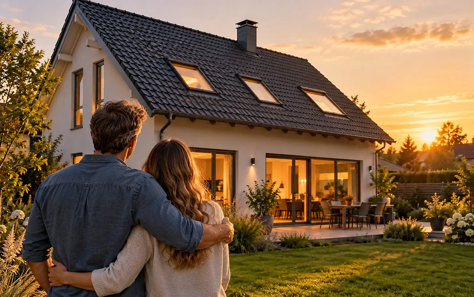 Paar im Garten vor seinem sanierten Einfamilienhaus
