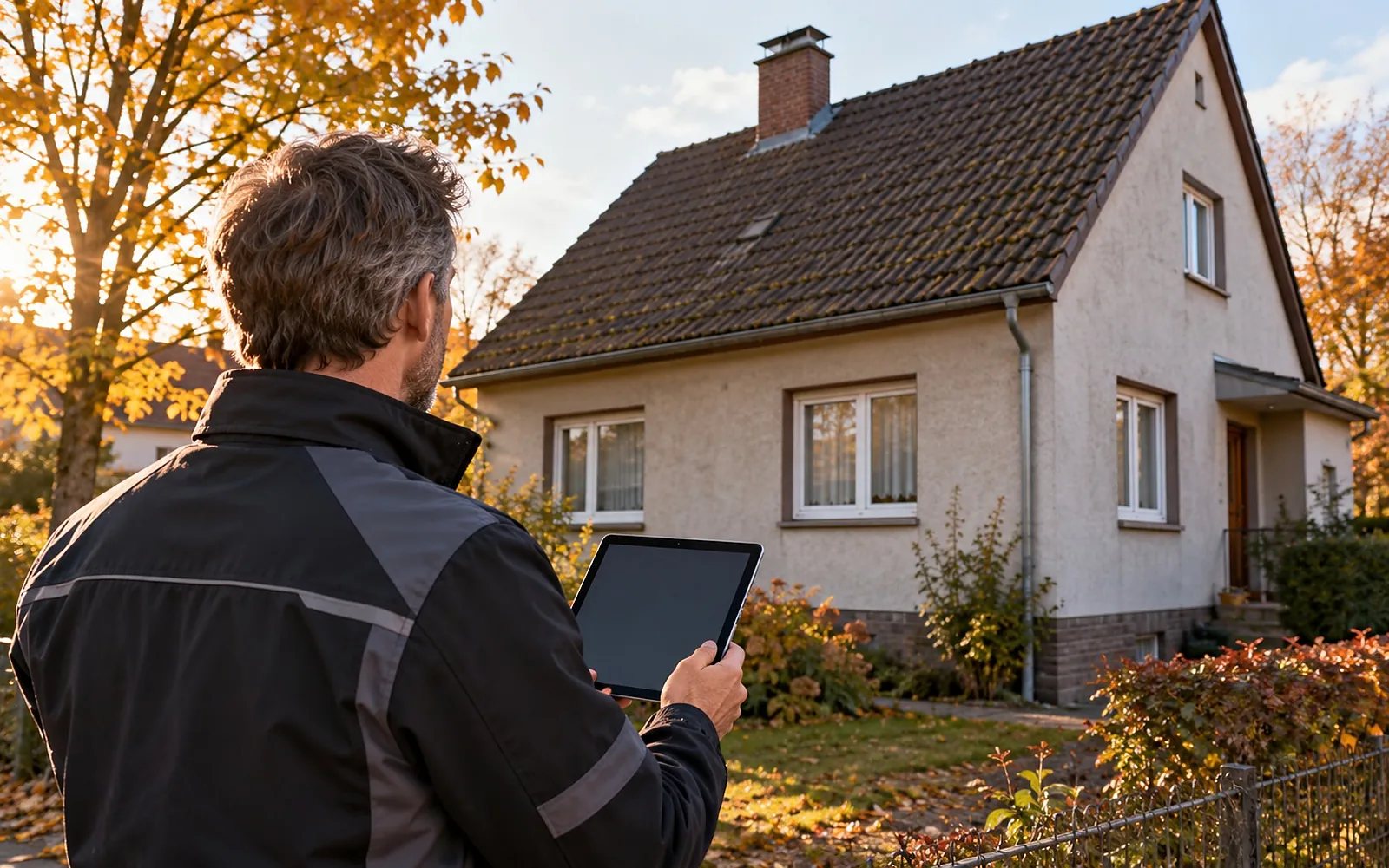 Mann mit Tablet vor einem älteren Einfamilienhaus im Herbst