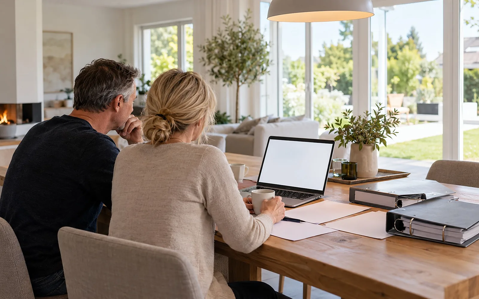 Paar am Esstisch mit Aktenordnern, leeren Blättern und Laptop, dahinter große neue Fenster