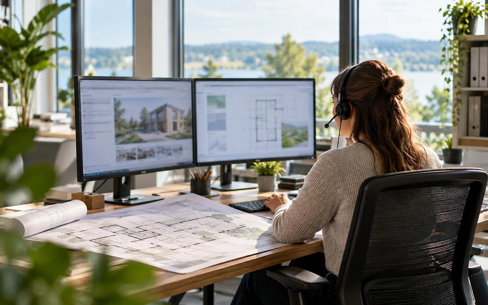 Frau mit Headset am Schreibtisch vor zwei Bildschirmen, auf dem Tisch ein Grundrissplan