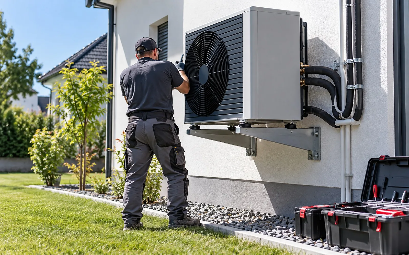Installateur montiert die Außeneinheit einer Luft-Wasser-Wärmepumpe an der Hauswand