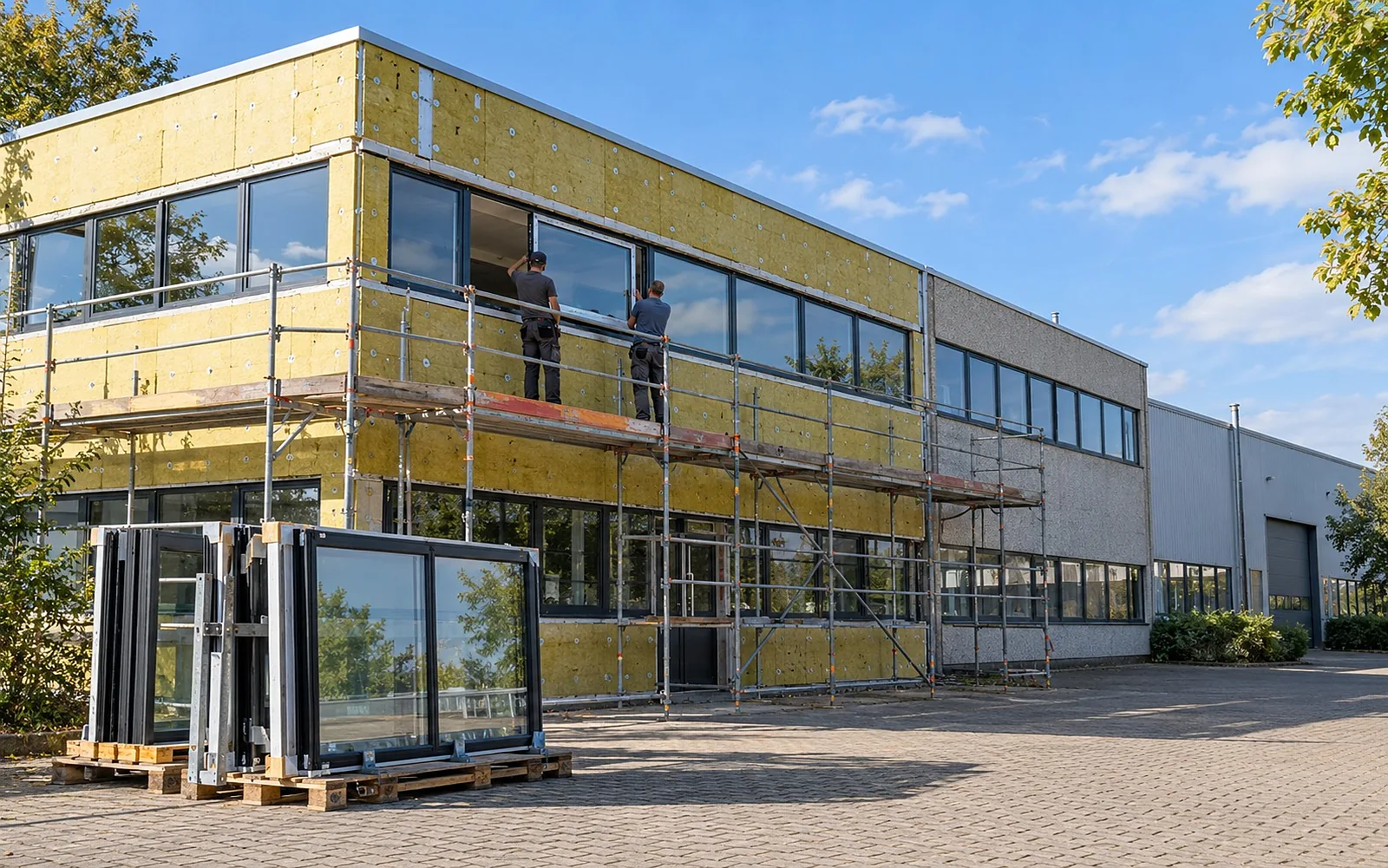 Zweigeschossiges Bürogebäude mit Halle während der Sanierung: Dämmung an der Fassade, Handwerker setzen ein Fenster ein